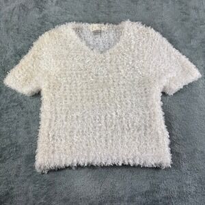 Cache White Shaggy Fuzzy V Neck Short Sleeve T-Shirt Top Knit‎ Size S